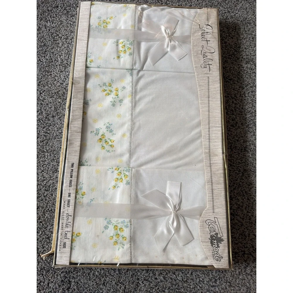 Vtg Tex Made Double Bed Flat Sheet 2 Pillowcases NIB Yellow Flowers